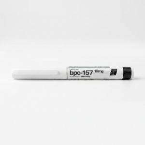 White medical injection pen lying on a white surface, label reads 'fusion pen bpc-157 10mg' with a black dosage dial on the right side