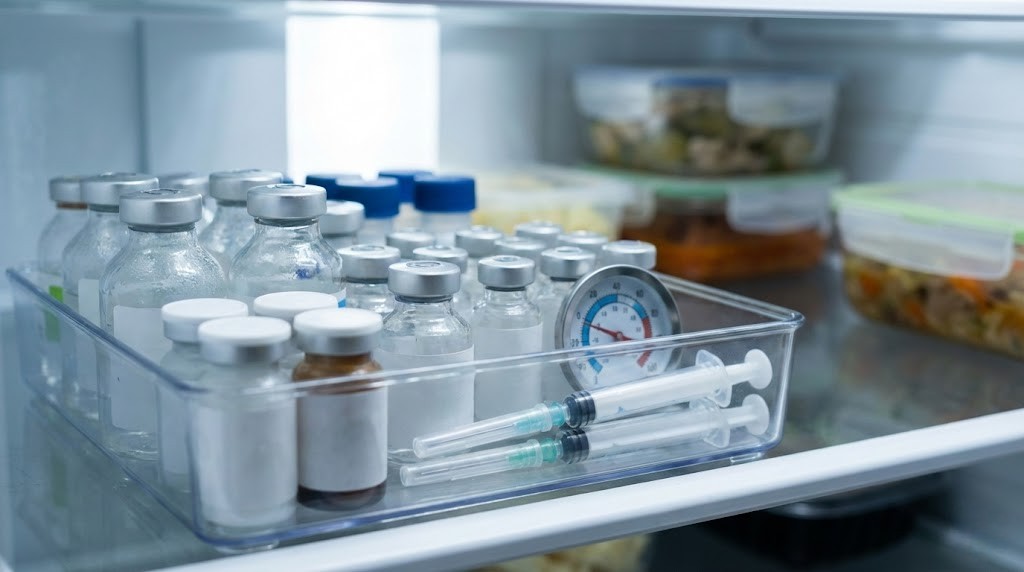Tray of glass vaccine vials with metal caps and two syringes in a cold storage fridge.